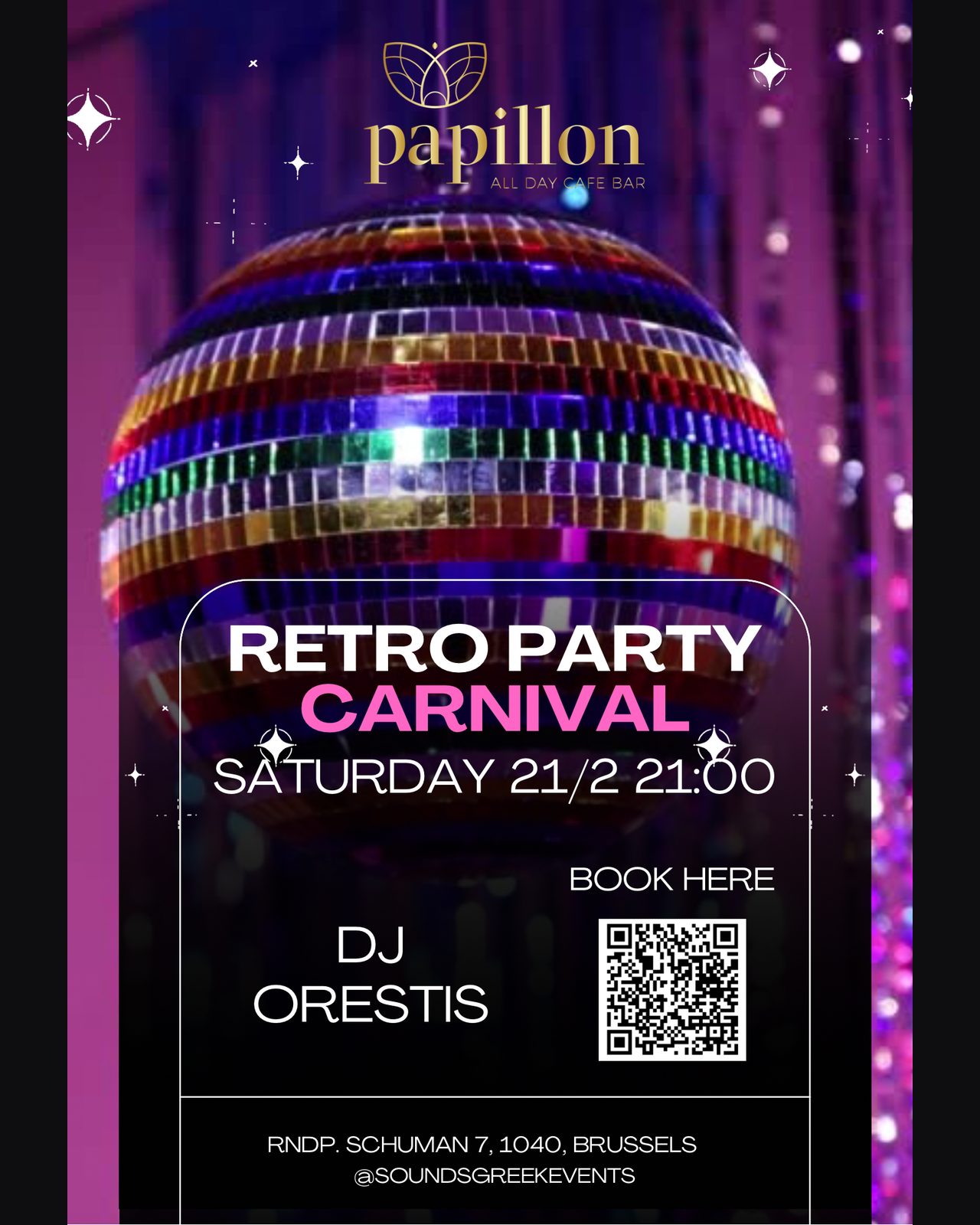 Papillon Schuman event poster billing DJ Orestis for a carnival retro party